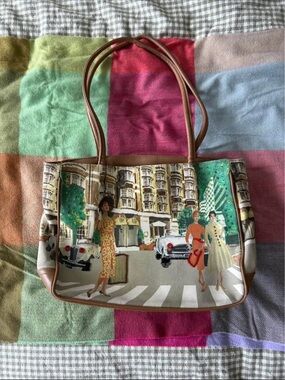 Vintage City Scene Canvas Tote Bag in Multicolor